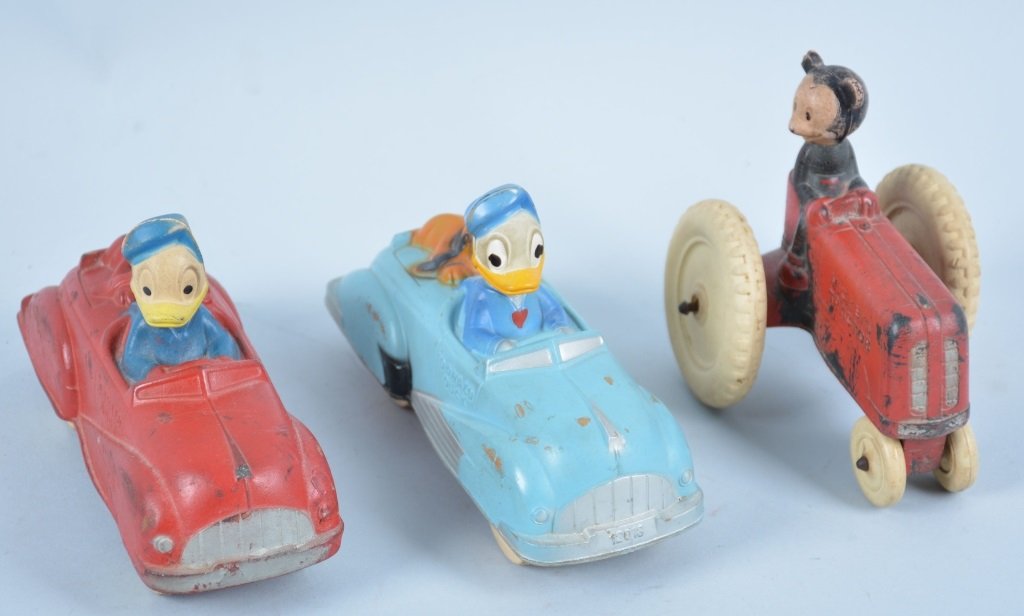 3 SUN RUBBER DISNEY TOYS: Includes 2 Donald Duck cars and Mickey Mouse Tractor. All original. Very Good