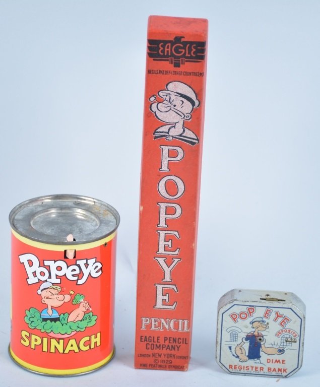 3 VINTAGE POPEYE ITEMS: Includes Popeye Dime Register Bank, Popeye Pencil in box, and Mattel Popeye spinach can. Excellent
