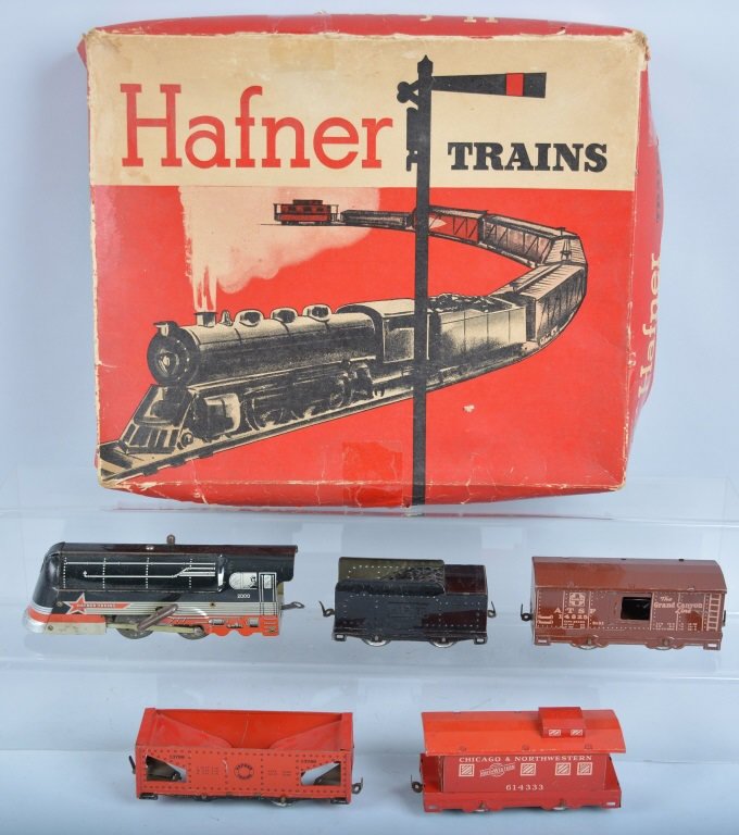 HAFNER MECHANICAL TRAIN SET w/BOX: Complete with Engine, Tender, and 3 Cars. With track and box. Excellent