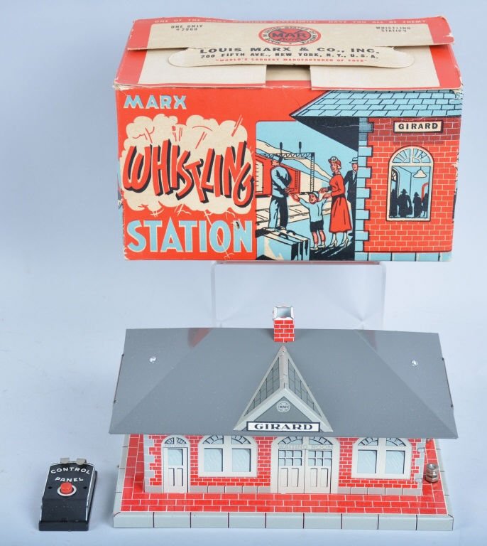 MARX WHISTLING TRAIN STATION w/BOX: All original great colors with box. Excellent