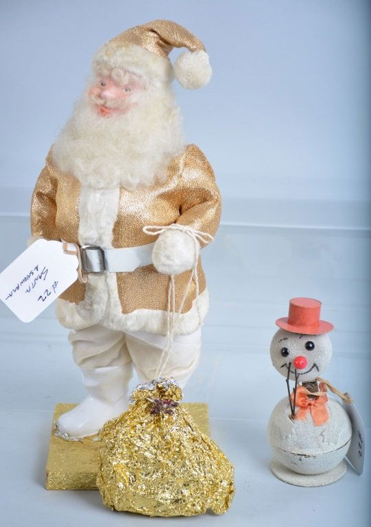 Large Vintage Santa in Gold Coat, with Snowman Can: Santa 15" tall , Snowman nodder 6 1/2", both very good