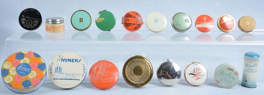 Lot of 18 Advertsing Compacts and Vanity Items: All very good to excellent, largest 2 3/4" diameter