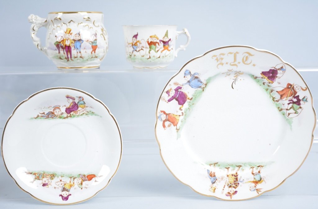 Antique Palmer Cox Brownies, Lot of 4 Dishes: Great garphics. Very good to excellent overall condition. Sugar has hairline crack, Plate is 7 3/4"