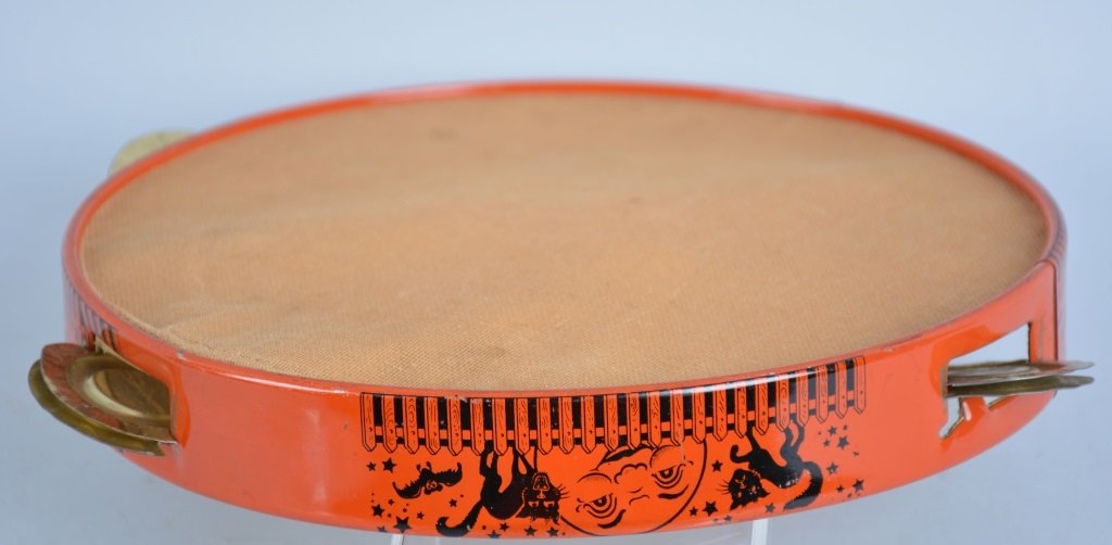 1930's Halloween Tin Tambourine: Tin litho is excellent, canvas has some soiling on reverse, measures 8 3/4"