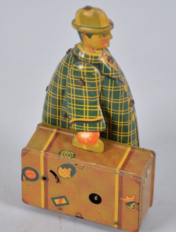 German 1930's Tin Windup Man and Suitcase: Excellent overall working condition, no key is included, 4 3/4" high