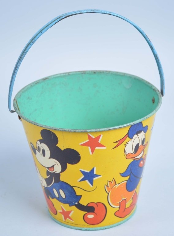 Large Tin Disney Mickey Mouse and Donald Duck Sand: Great graphics. Very good overall condition with minor wear, 6" high