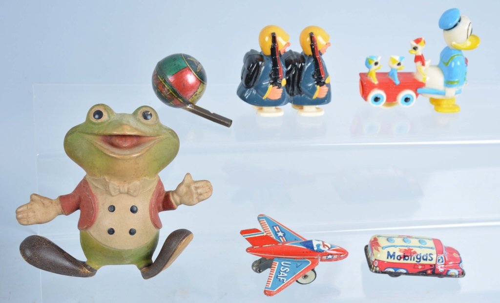 Lot of 6 Vintage Toys: Good to excellent, 2 Marx ramp walkers, 1948 Rempel frog squeaks, early tin whistle