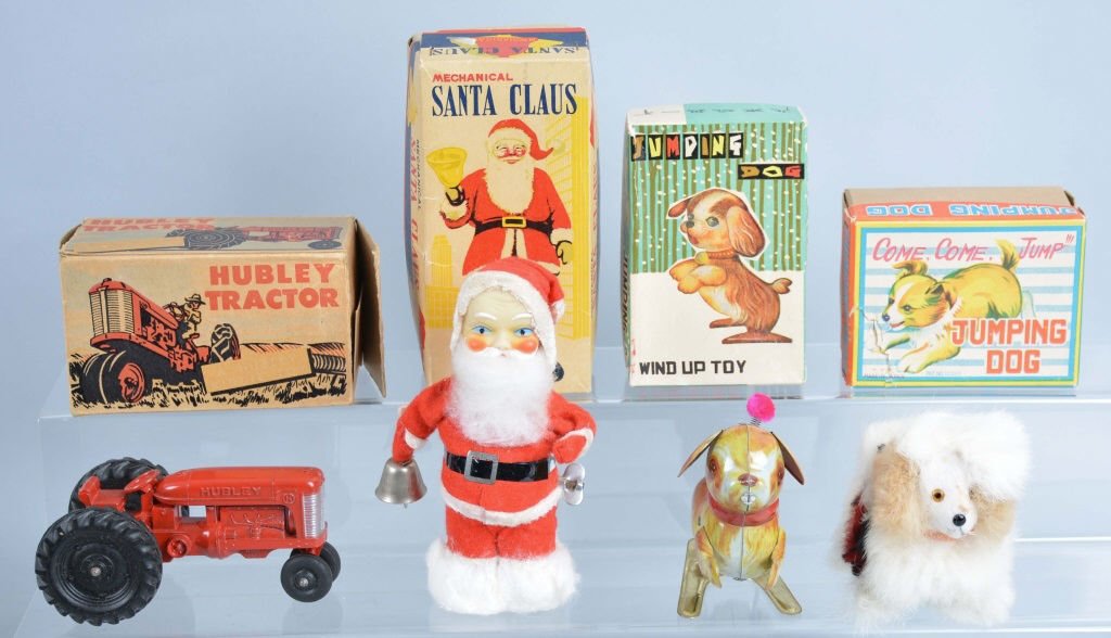 Lot of 4 Vintage Toys, all boxed: The 3 windups work, 2 are japan 1 is China, The Hubley tractor is excellent, largest 7 1/2"