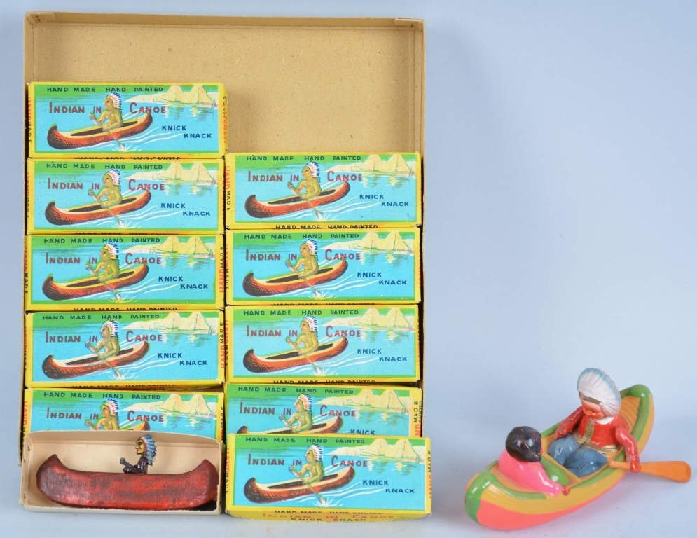 Lot of 10 MIB Japan Toy Indian Canoes, and Occupie: All excellent condition, canoes in boxes measure 4 1/4", celluloid canoe measures 5 1/2"