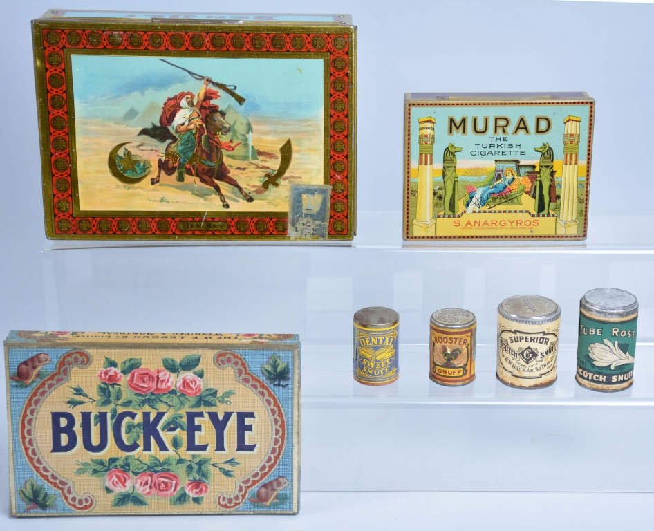 Lot of 7 Antique Tobacco and Snuff Tins: Very good to excellent condition