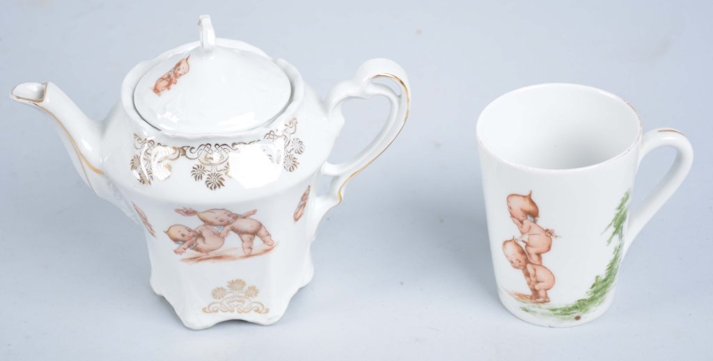 Antique Kewpie Doll, Tea Pot and Mug: Both excellent condition, teas pot marked Bavaria, and mug marked Prussia