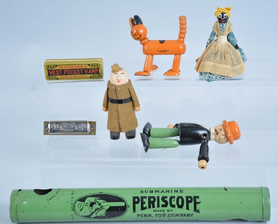Lot of 6 Vintage Toys: 1930's Jaymar Sandy and Moon Mullens, walking soldier, harmonica, submarine tin perisocope, contemporary mammy bell, very good to excellent, Moon Mullens needs to be strung