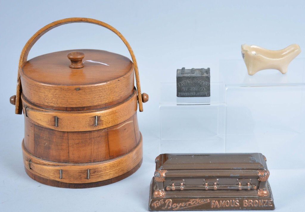 Lot Vintage Firkin, and Metal Paperweights, 4 item: Very good to excellent, light wear on metal pieces.Ztryons garage lead battery, Porcelain Crawford ranges, Bronze Casket measures 5"