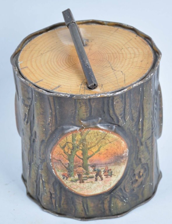 Antique Yule Log Bisquit Tin: Very good to fine overall condition, circa 1910, 7" high