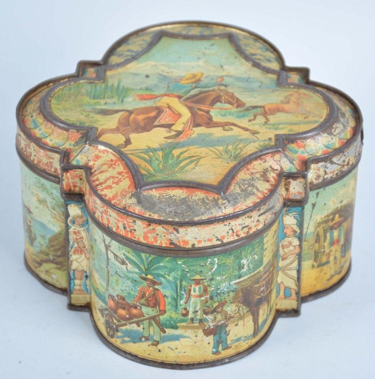 Antique Bisquit Tin with Mexican Scenes: Good to very good condition, circa 1895, 7"x3 1/2"