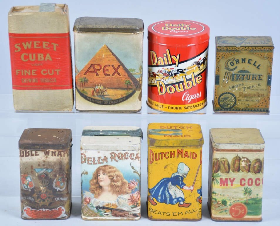 Lot of 8 Vintage Tobacco Tins: Lot of 7 tins and Sweet Cuba package, fair to excellent condition, 5 1/4"