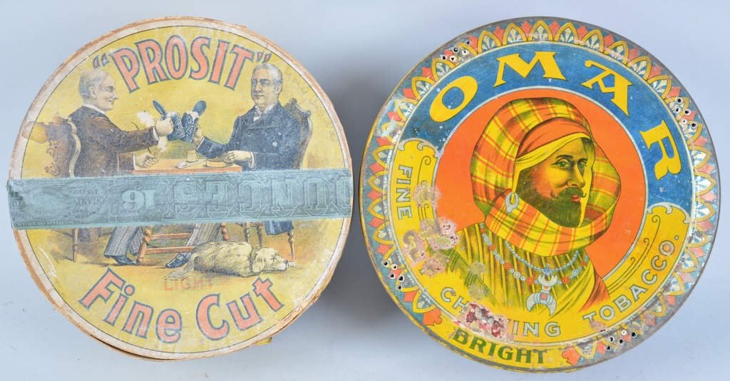 Lot of 2 Antique Tobacco Containers: One is tin and the other cardboard and paper, condition very good overall, diameter 8"