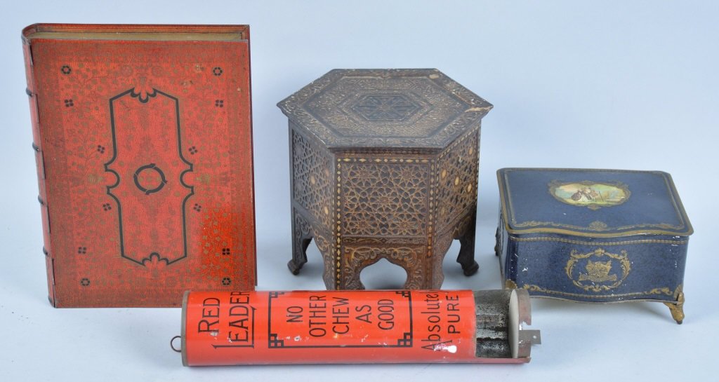 Lot of 4 Misc. Vintage Tins: Biscuit tin good, Red Leader display tin fine, State Express cigarette tin very good, and circa 1930 tin book cigar box very good