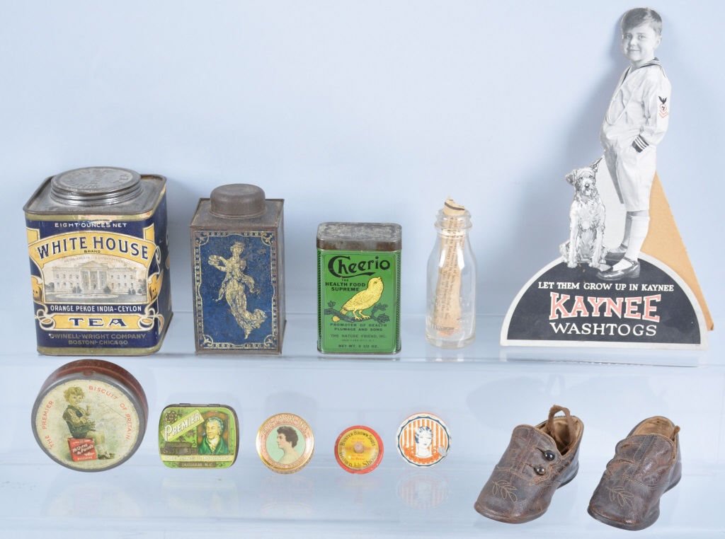 Lot of 11 Vintage Misc. Advertising Items, and Chi: Nice varied lot in good to excellent condition, Several tins, Edison Oil Bottle, Bisquit Tin, White House Tea tin etc, Katnee Washtogs die cut etc.