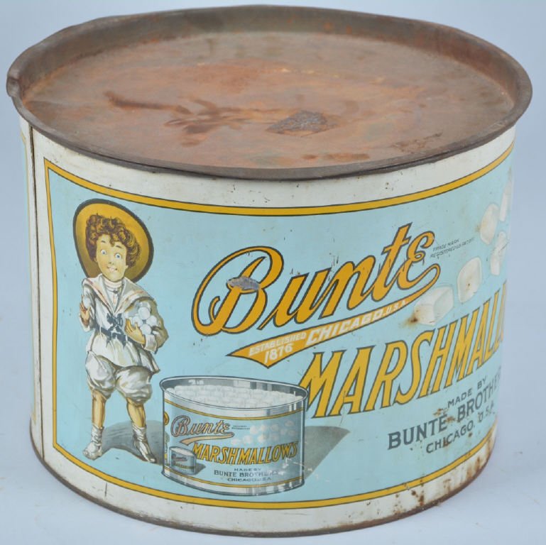 Vintage Bunte Large Marshmallows Tin: Very good condition with some bending, 12" diameter