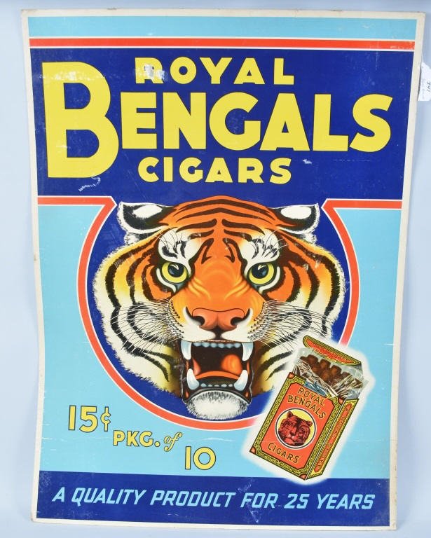 Vintage Royal Bengals Cigars, Carboard sign: Fine to excellent condition, with minor wear, 28"x39 1/2", over sized