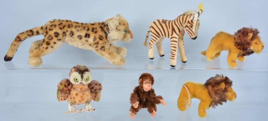 Lot of 6 STEIFF MINI ANIMALS: Includes Zebra, Owl, Monkey, Jaguar, and 2 Lions. Some with Buttons. Largest 10" Long. Excellent