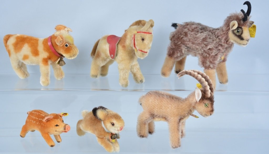 Lot of 6 STEIFF MINI ANIMALS: Includes Bessy, Goat, Horse, rabbit, Pig, and Rocky. Some with Tags and Buttons. Largest 6" Tall. Excellent-Near Mint
