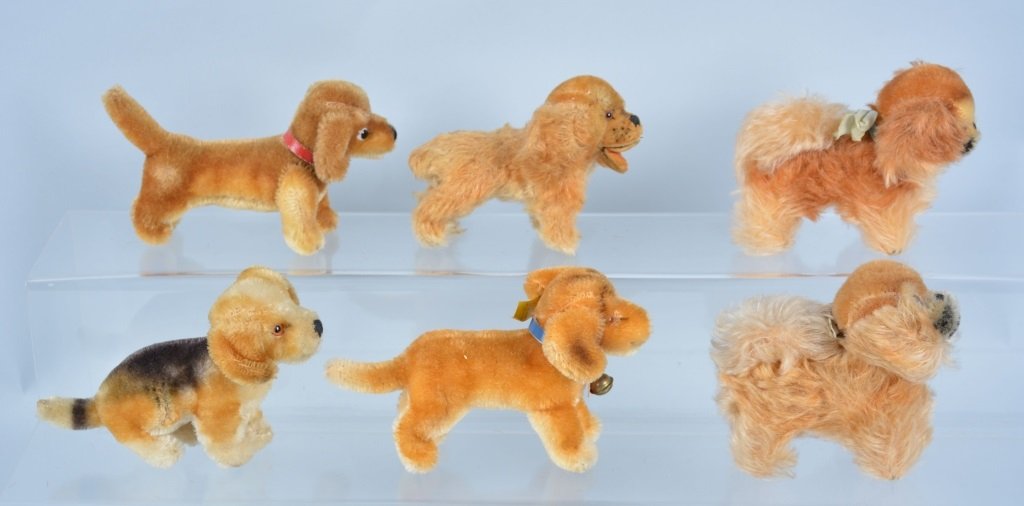 Lot of 6 STEIFF MINI DOGS: Includes Bazi, Doxi, Beagle, Cocker, and 2 Peeks. Some withj Tags and Buttons. Largest 6" Long. Excellent-Near Mint