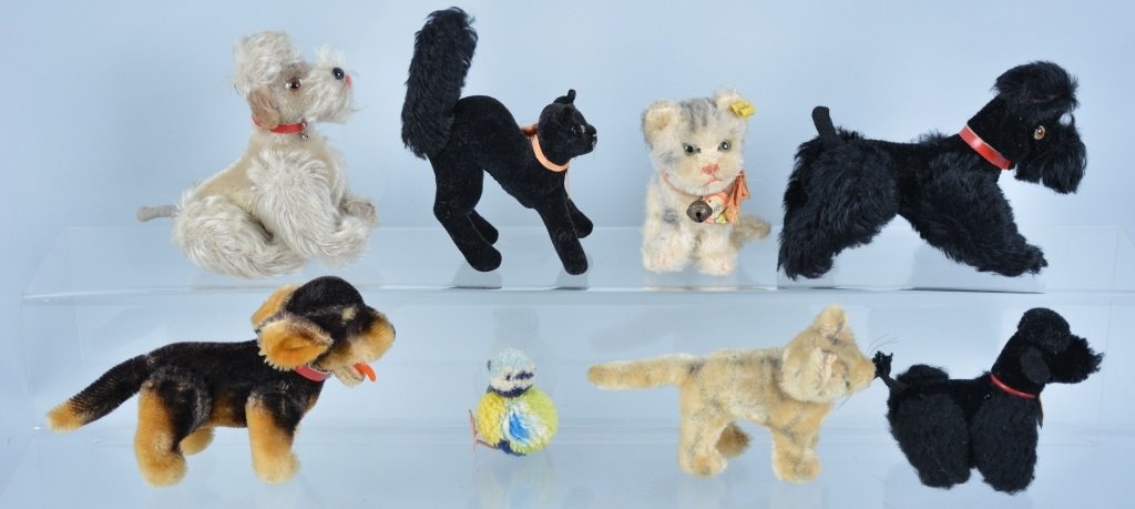 Lot of 8 STEIFF MINI ANIMALS: Includes Beppo, 2 Snobby, Black Cat, Susi, Kitten, Snauzer, and Mini Bird Some with Tags and Buttons. Largest 6" Tall. Excellent-Near Mint