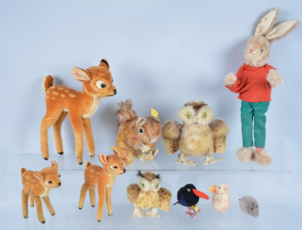 Lot of 10 STEIFF ANIMALS: Includes 3 Bambis, Perri, 2 Owls, Rabbit, Black Bird, Mouse, and Bunny. Some with Tags and Buttons. Largest 11" Tall. Excellent
