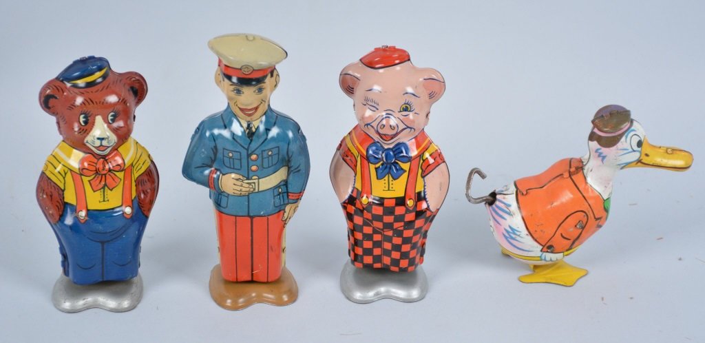 Lot of 4 CHEIN TIN WINDUP TOYS: Includes Sailor, Duck, Piggy, and Bear. All with great color and graphics. Near Mint