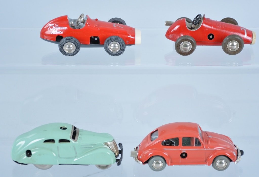 Lot of 4 SCHUCO VEHICLES: Includes 2 Micro Racers, VW Bug, and US Zone Germany Car. All original. Largest 4" Long. Excellent