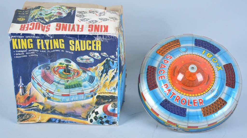 KO JAPAN BATTERY OP KING FLYING SAUCER w/BOX: All original with great colors and graphics. With fair Box. Excellent