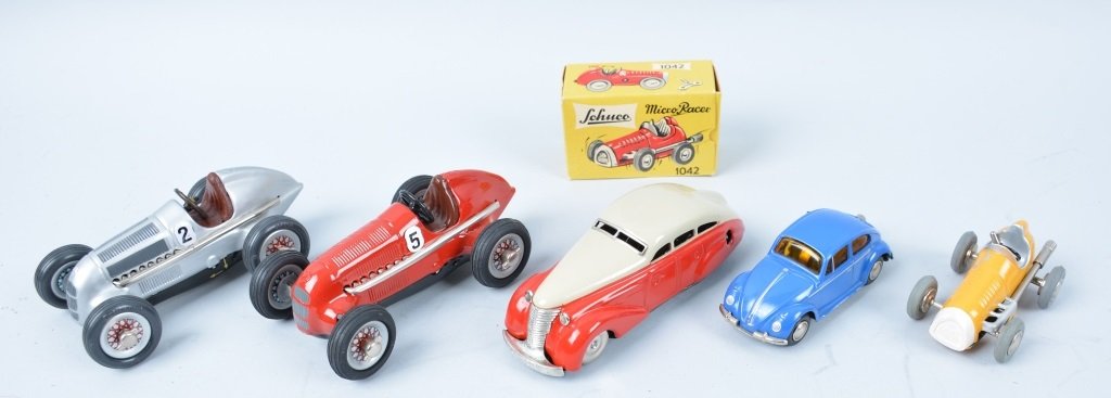 Lot of 5 WINDUP SCHUCO CARS: Includes VW Bug, 2 Studio Racers, US Zone 1010, and Micro Racer Boxed. Great colors. Excellent