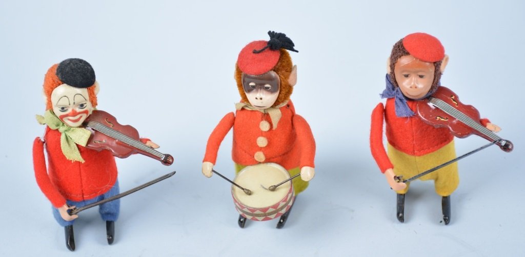 Lot of 3 WINDUP SCHUCO FIGURES: Includes Monket Drummer, Money and Violin, and Clown with Violin. All original with great colors. Excellent