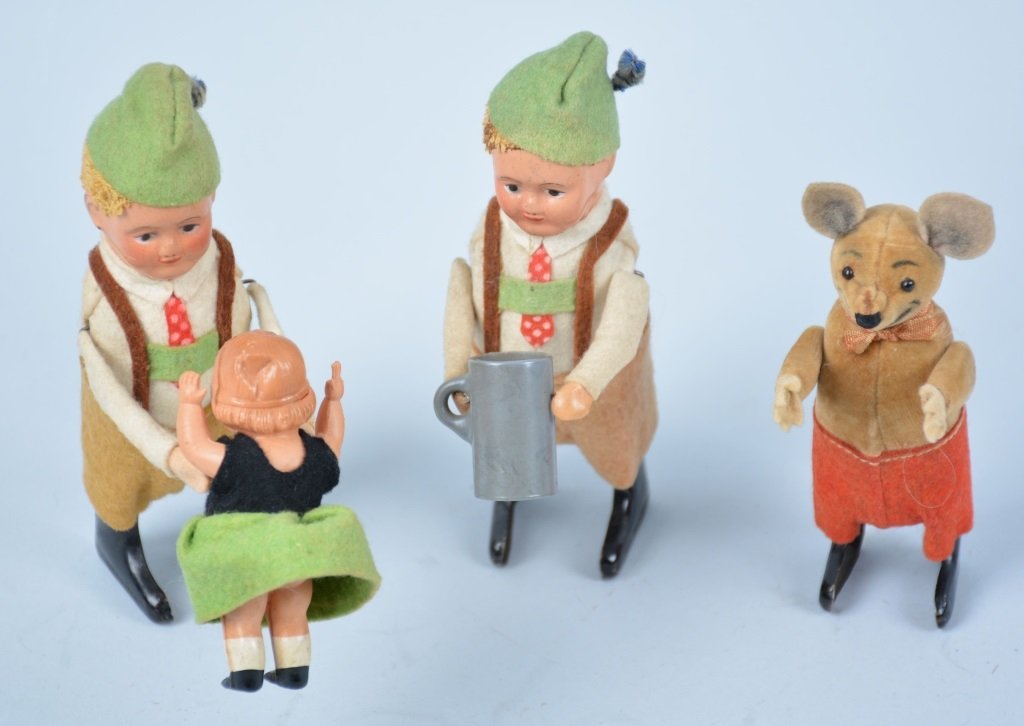Lot of 3 WINDUP SCHUCO FIGURES: Includes German Boy with Stein, German Boy with Girl, and Mouse. All original with great colors. Excellent