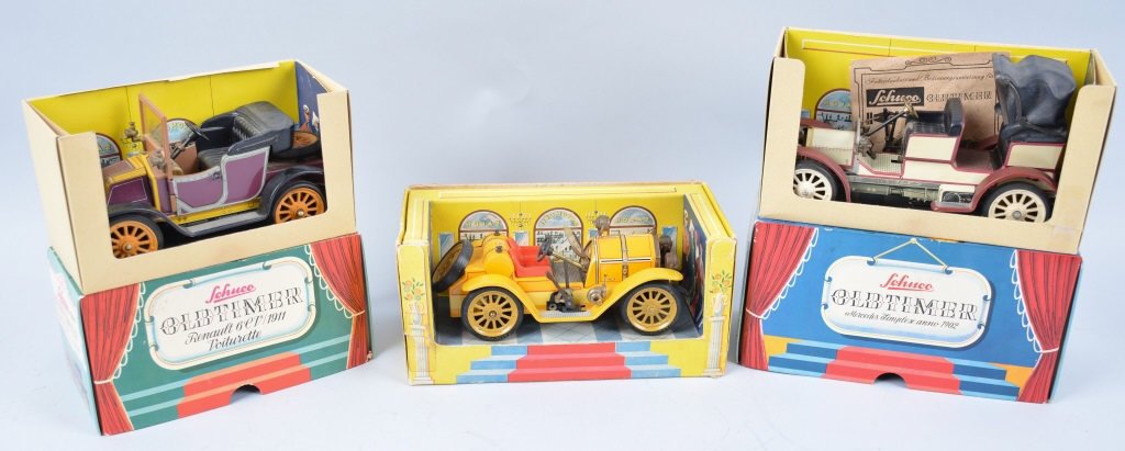Lot of 3 SCHUCO WINDUP OLD TIMER CARS w/Boxes: Includes Renault, Mercedes, and Mercer. With boxes. Excellent
