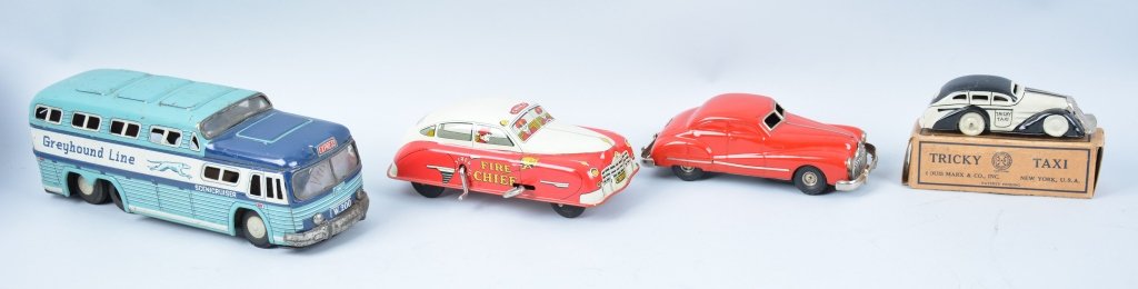 Lot of 3 TIN VEHICLES: Includes Japan Tin Greyhound Bus, Windup Gama Car, and Windup Courtland Fire Chief Car. Excellent