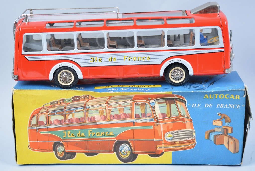 JOUSTRA TIN FRICTION ILE DE FRANCE BUS w/Box: All original with great details and colors. With original luggage and Box. Near Mint