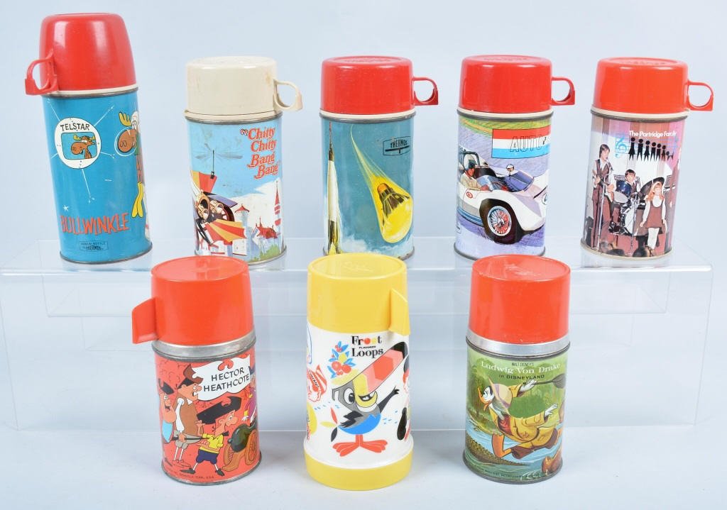 Lot of 8 Vintage Thermos: Chitty Chitty Bang Bang, Bullwinkle, Patridge Family etc., very good to excellent