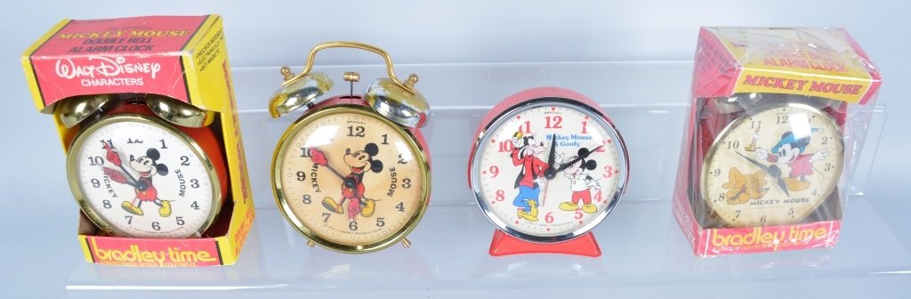 Lot of 4 Bradley Mickey Mouse Alarm Clocks: Two are excellent and boxed, one is very good, and the other excellent