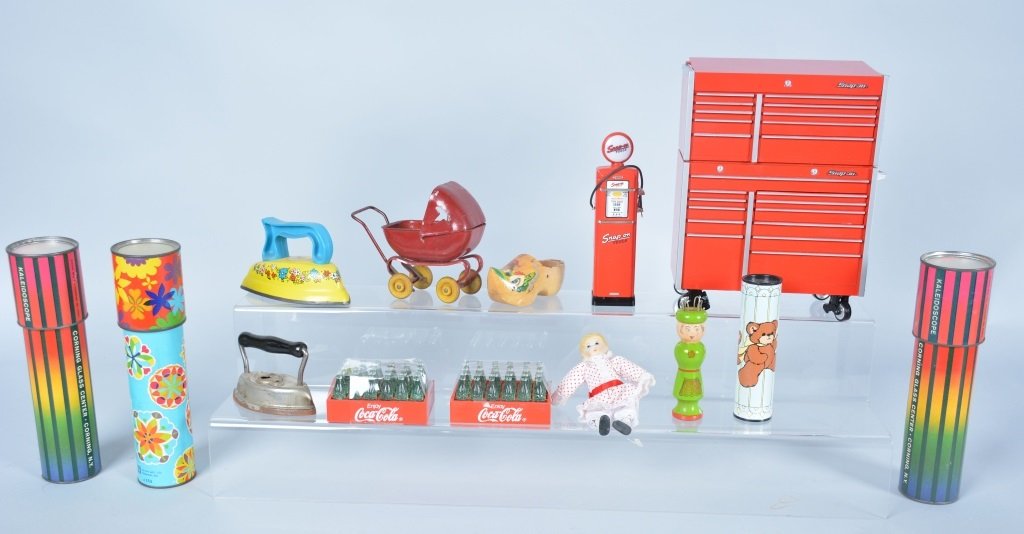 Lot of 14 Misc. Toys, and Miniatures: Snap on tools premiums, Wyandotte buggy, 2 toy irons, Coca Cola Cases, etc. Very good to excellent