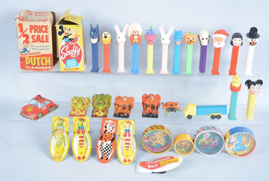 Lot of PEZ, CLICKERS, PUZZLE, DISNEY DISPLAY and M: Includes NOS Mickey Mouse Store Display, Box of Pez, Tin Clickers, Puzzels, Dutch Cleanser, and Mickey Mouse Scuffy Box. Excellent-Near Mint