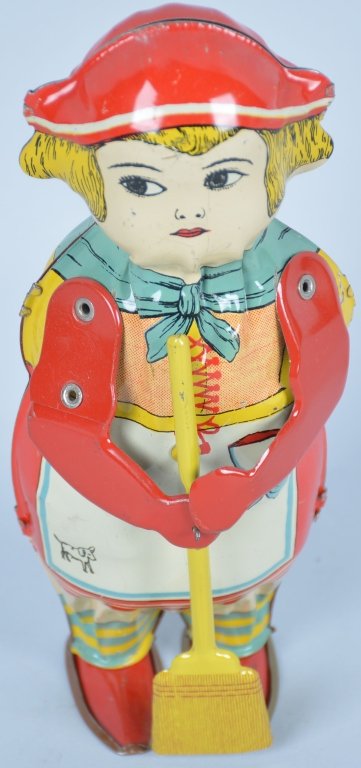 Lindstrom 1930's Tin Windup Sweeping Betty: Near mint working condition