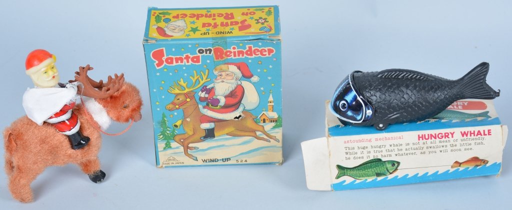 Lot Japan Santa on Reindeer and Hungry Whale, Tin: Both excellent working condition, Whale box is fair, largest 6"