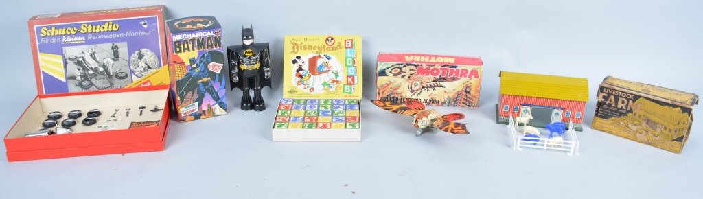 Vintage and Contemporary Toy lot of 5, Boxed: Nice lot included vintage Ohio Art Bard set, excellent in fair box, vintage Disneyland blocks MIB, Newer Batman, Mothra made in Japan, and Schuco Set, largest 13" by 9"