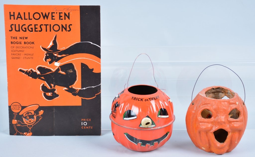 Lot 3 Vintage Halloween Items: Tin Jack-O-Lantern very good with bent nose, 2 gaced Jack-O-Lantern missing paper one side, and 1931 Halloween magazine, largest Jack-Lantern is 5"