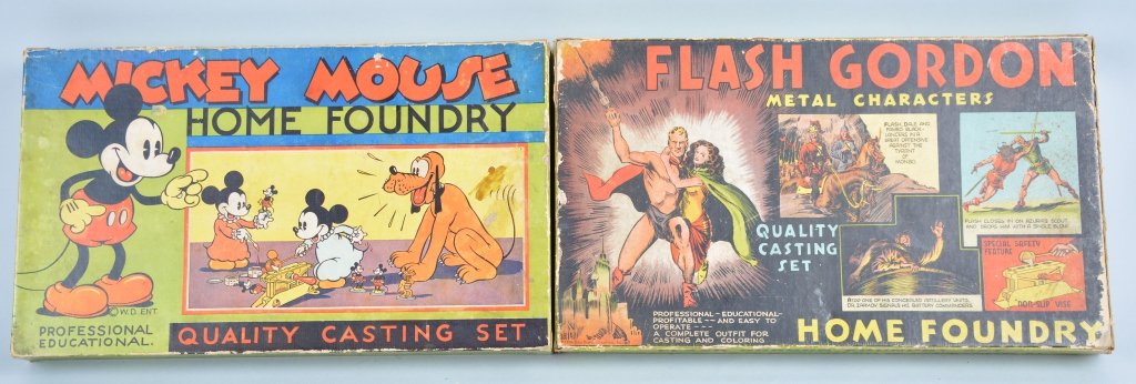 Lot 1930's Mickey Mouse and Flash Gordon Lead Casting: Both boxes have great graphics, Mickey set is missing molds, Flash Gordon complete but well used, Boxes measure 16" by 9"
