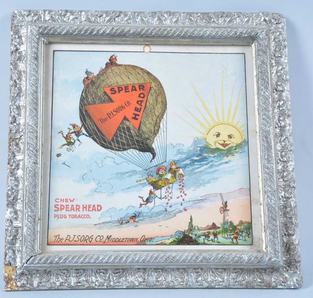 Antique Spear Head Tobacco Advertisement with Palmer: Very good original condition, frame has wear. Frame meausres 14" by 14"