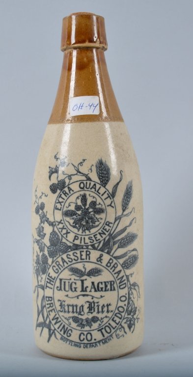 Grasser & Brand Ginger Beer Bottle, Toledo O.: Book # OH-44, 1863-1908, 8 3/4", Great Graphics -Excellent